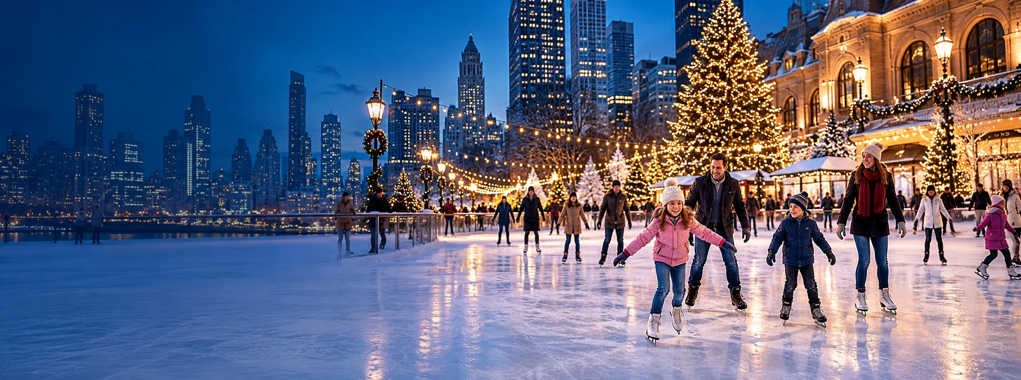 Illustration of families ice skating in a festive city plaza under Christmas lights at dusk