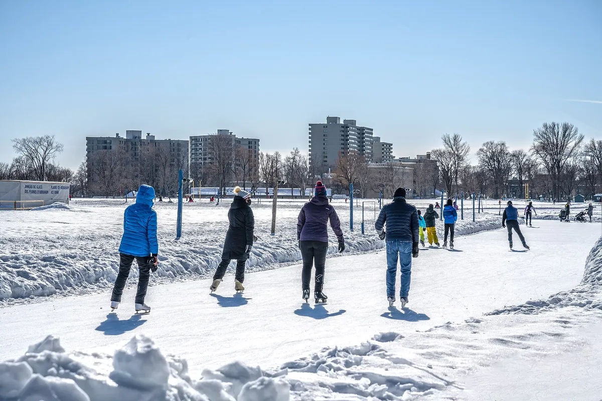 People ice skating outdoors in a park, trees and open sky around the rink