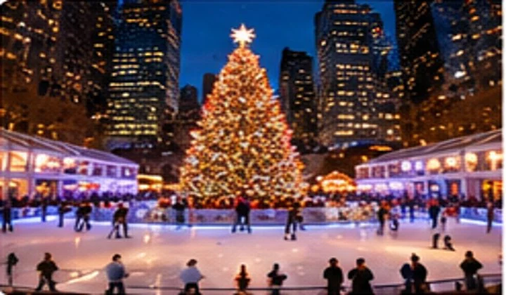 Illustration of a festive outdoor ice skating scene, not the actual rink