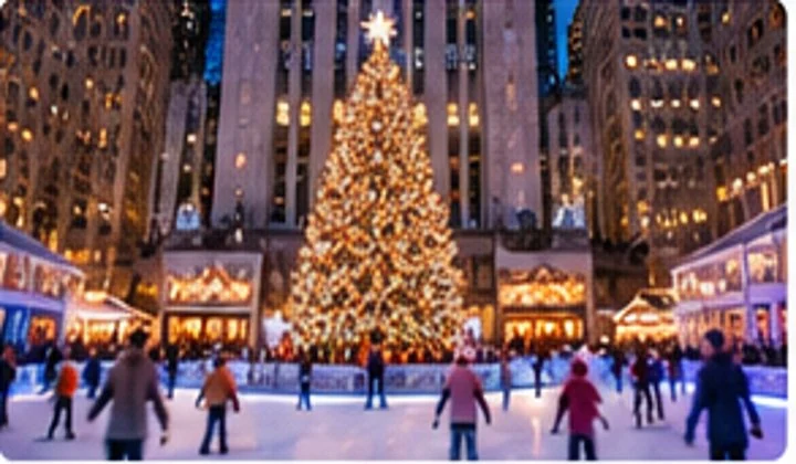 Illustrative holiday ice skating rink decorated for winter