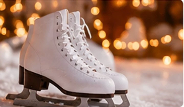 Illustrative close-up of white ice skates