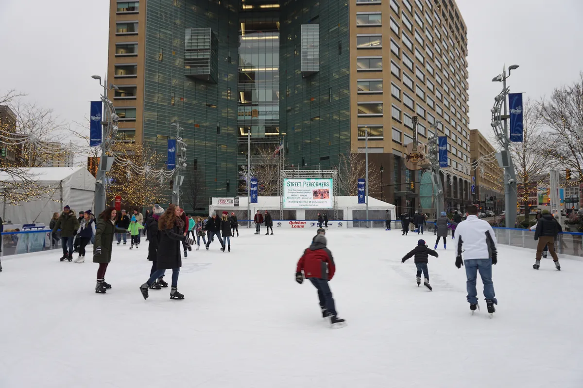 Skaters on the ice at The Rink at Campus Martius Park in downtown Detroit, December 2015