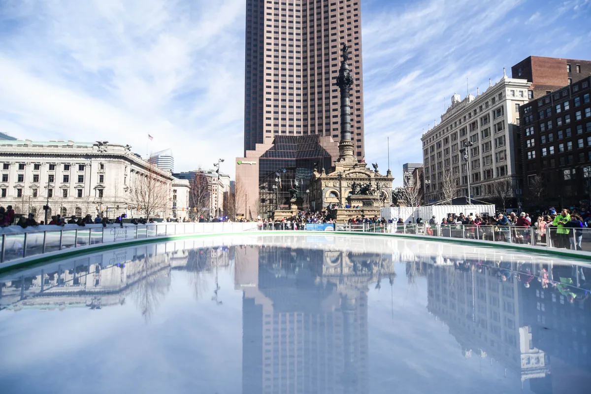 The Cleveland Foundation Ice Rink on Public Square in Cleveland, its fresh ice reflecting the Soldiers’ and Sailors’ Monument and the downtown towers, February 2017