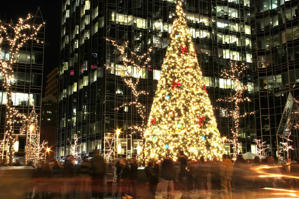 The illuminated Christmas tree and ice rink at PPG Place in Pittsburgh at night, November 2011