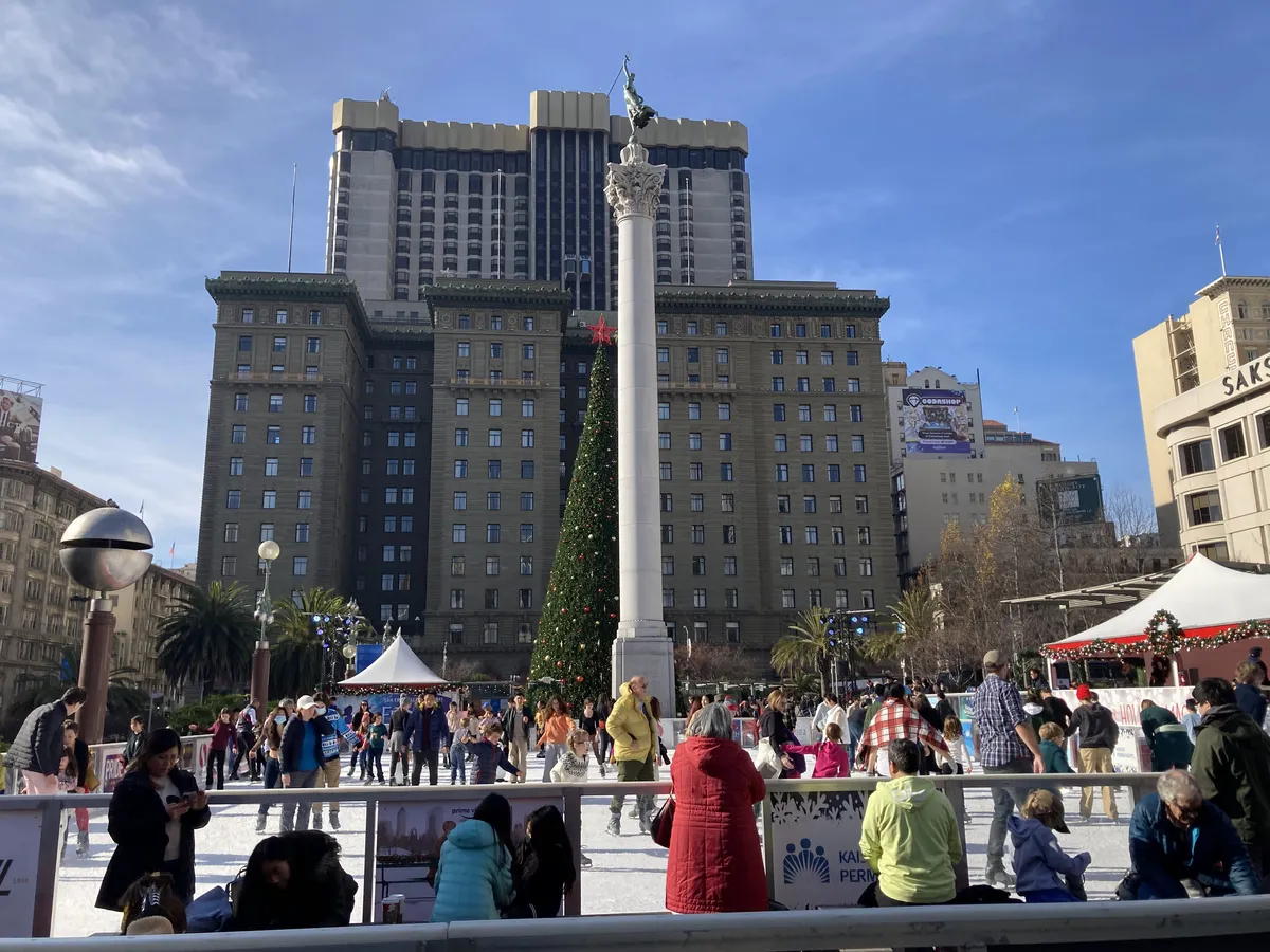 Holiday ice rink at Union Square in San Francisco, photographed in December 2022